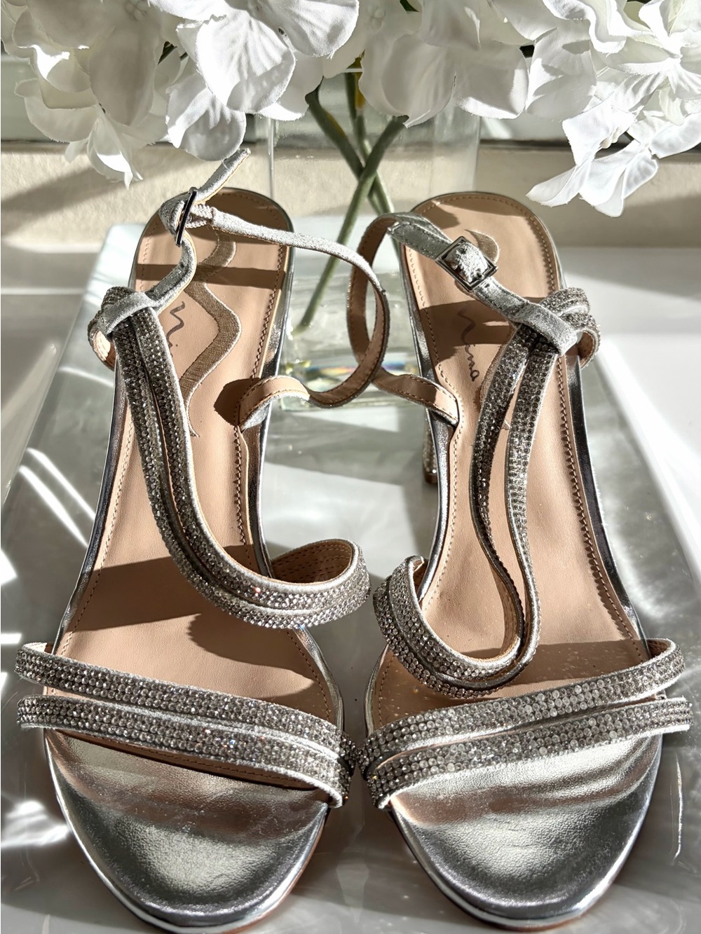 Silver Rhinestone Block Heel Sandals Sparkly Evening Wedding Shoes Size 9.5